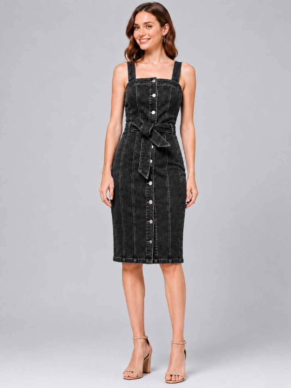 White House Black Market Black Washed Denim Button-Front Midi Dress